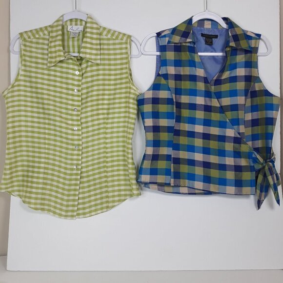 Lot-Anne Carson Silk Blue Plaid Cropped Wrap Top & Green Plaid Top M Sleeveless - Picture 1 of 13
